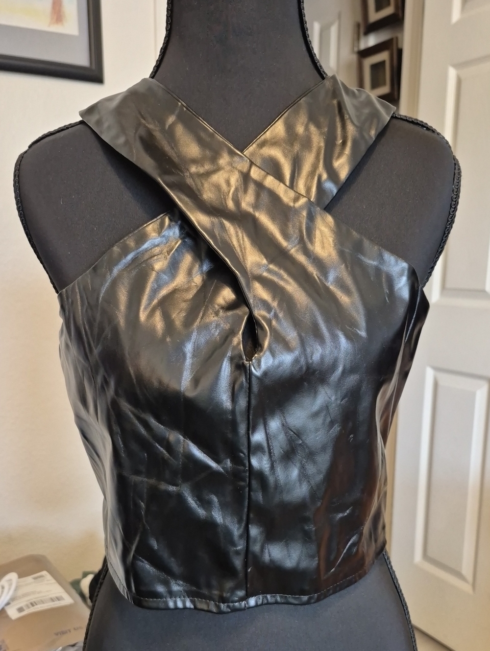 SHEIN Black Faux Leather Cross Halter Crop Top